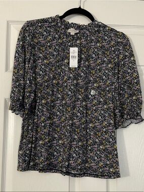 LOFT Black Floral Short Sleeve Blouse
